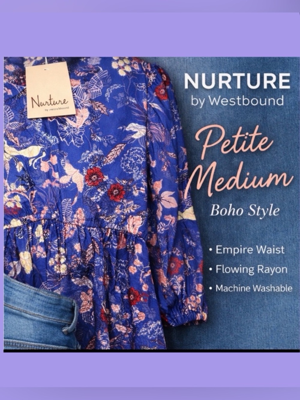NWT $69 Nurture by Westbound Petites – Petite Medium – Boho Empire Waist Top